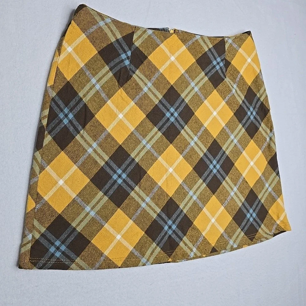 Altar'd State Skirt L Yellow Brown‎ Blue Plaid Checkered Pattern Mini Tweed Clue